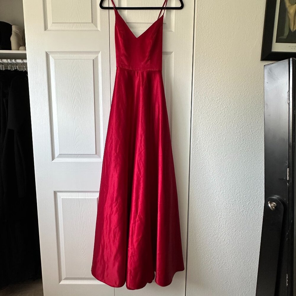 David's Bridal Red Full Length Prom Gown with Pockets